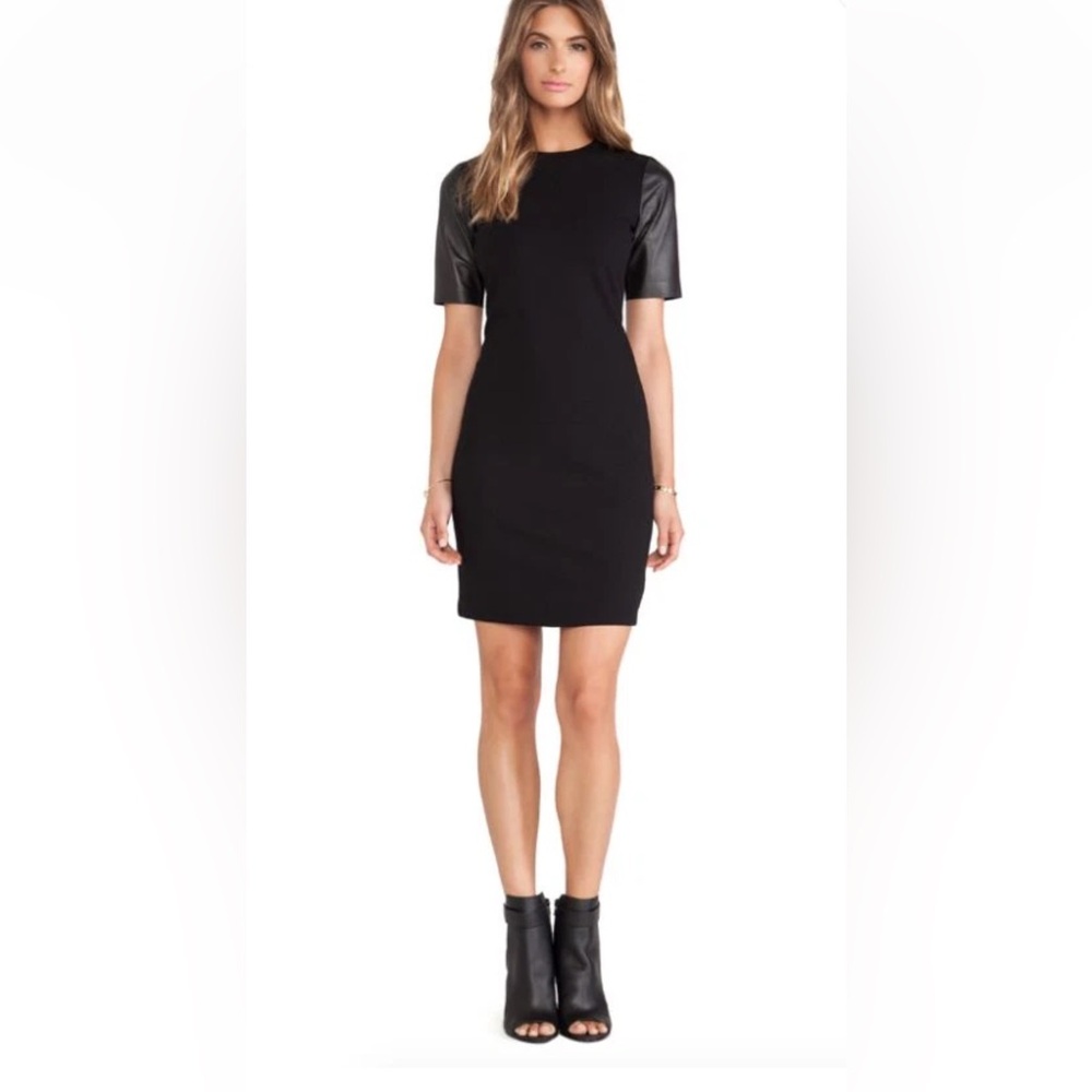 NWOT VINCE Black Textured Dress with real Leather sleeves